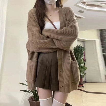 Damen Großer Strickcardigan mit praktischen Taschen und tiefem V-Ausschnitt Merchesia