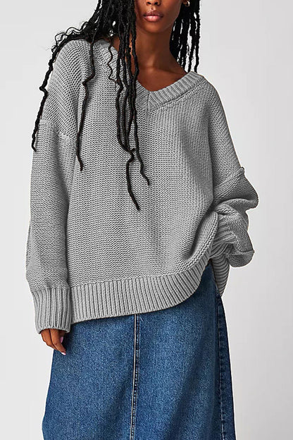 Damen V-Ausschnitt Oversized Pullover mit strukturiertem Strickmuster Merchesia