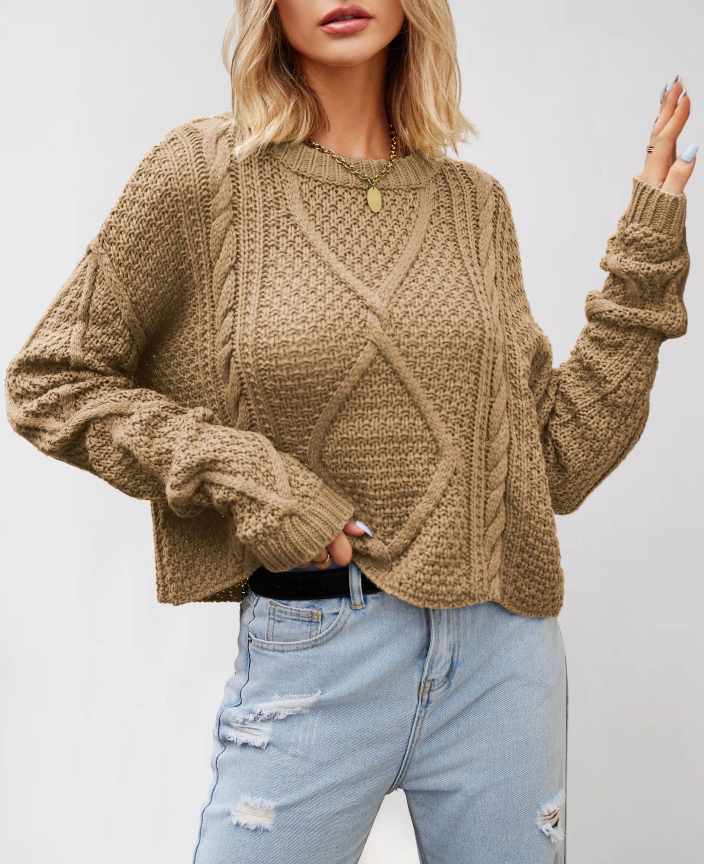 Damen Grobstrickpullover mit strukturiertem Zopfmuster Merchesia
