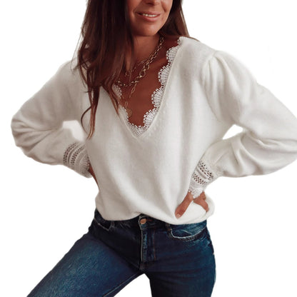 Damen Strickpullover mit Spitzenkragen und Puffärmeln Merchesia