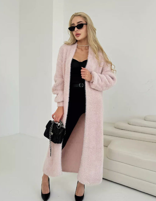 Damen Langer Flauschiger Cardigan mit offenem Schnitt und überschnittenen Ärmeln Merchesia