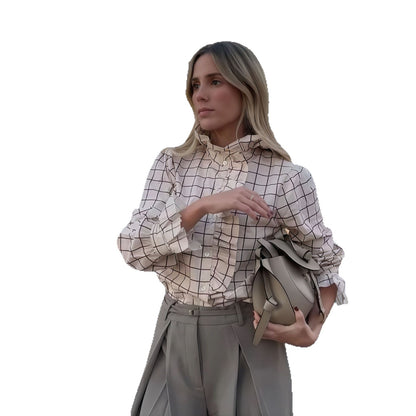 Damen Karierte Bluse mit eleganten Rüschendetails Merchesia