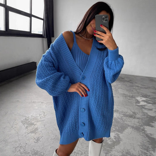 Damen Großer Strickcardigan mit Knopfleiste und Ballonärmeln Merchesia