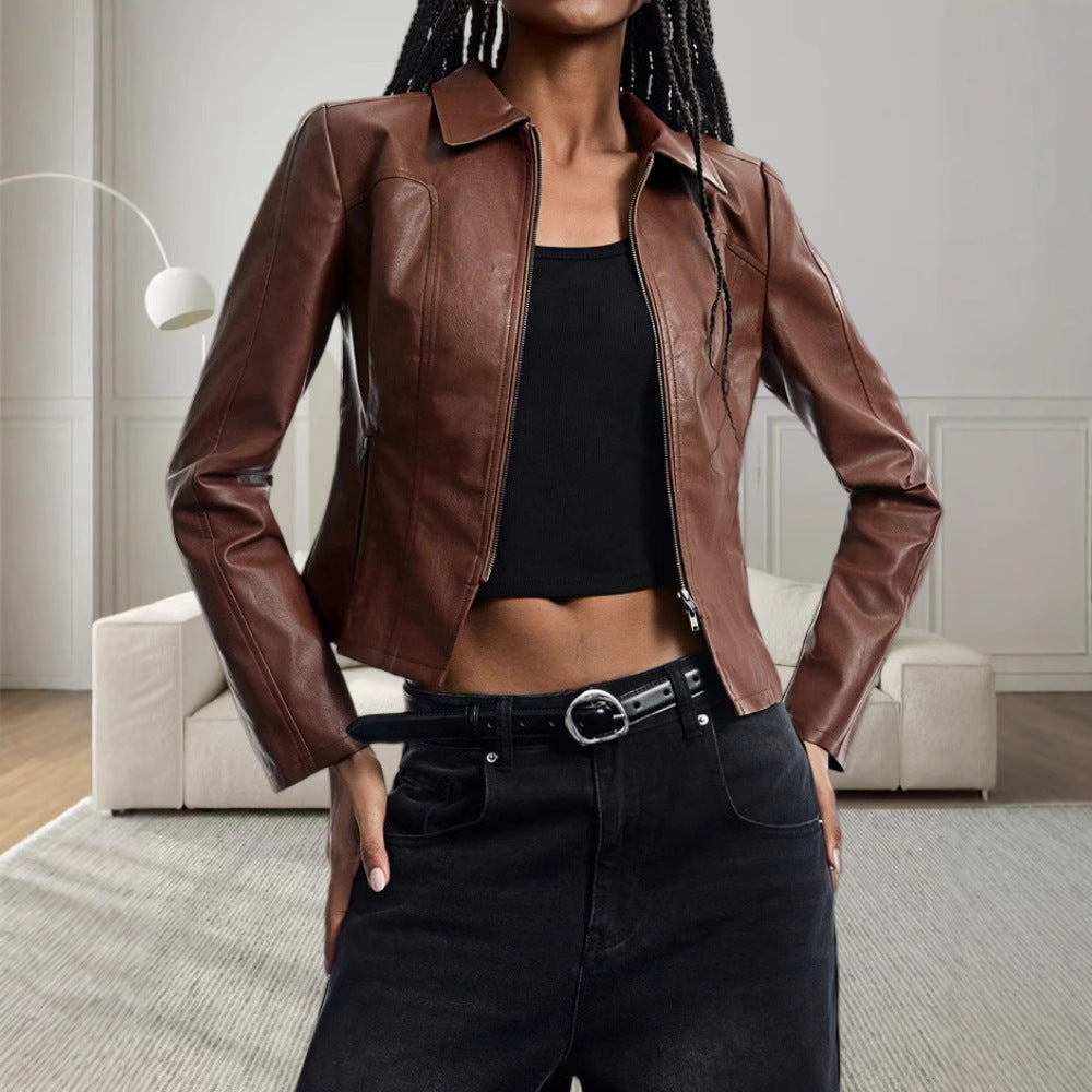 Damen Hochwertige Kunstlederjacke im figurbetonten Schnitt Merchesia