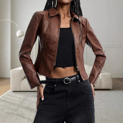 Damen Hochwertige Kunstlederjacke im figurbetonten Schnitt Merchesia