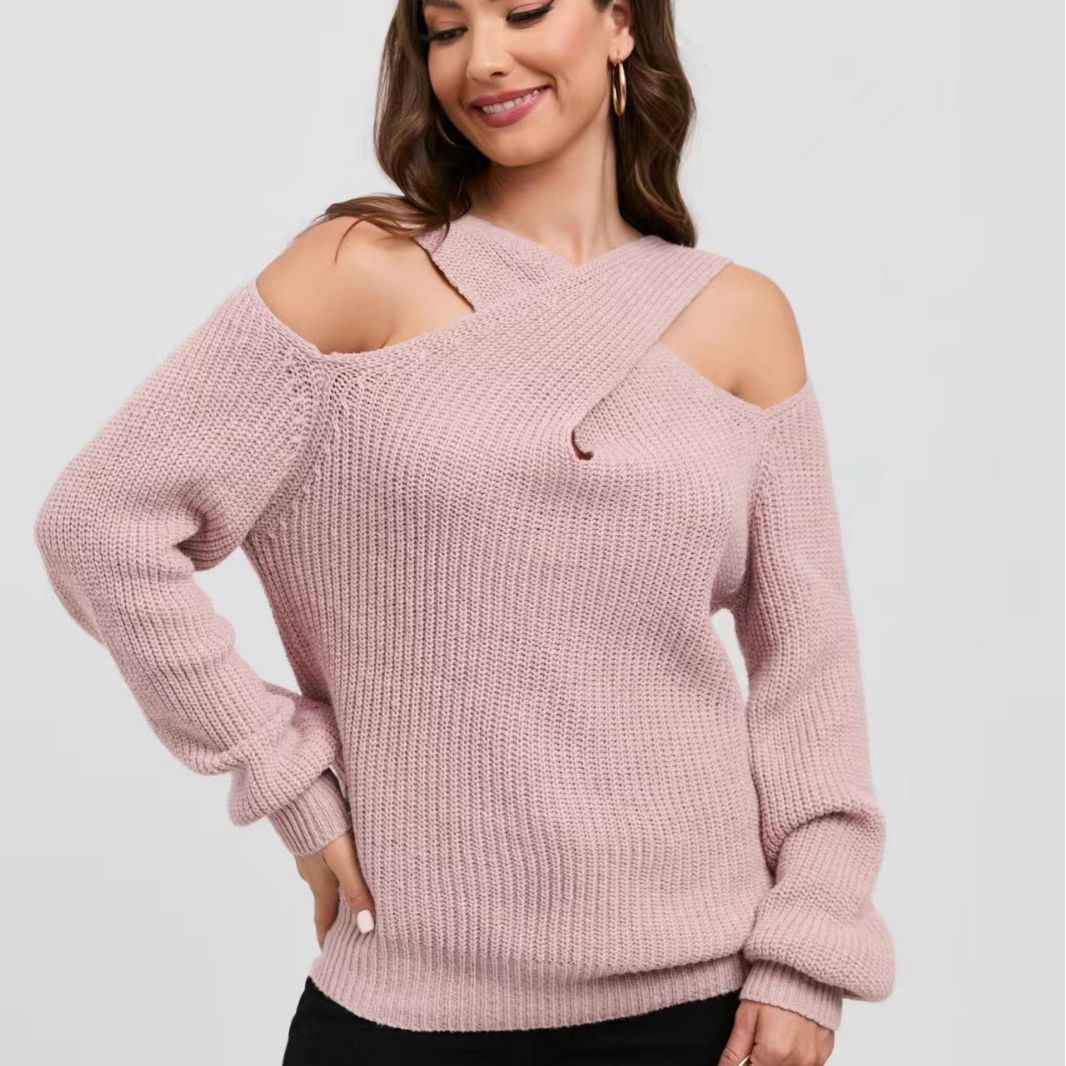 Damen Off-Shoulder Strickpullover mit asymmetrischem Design Merchesia