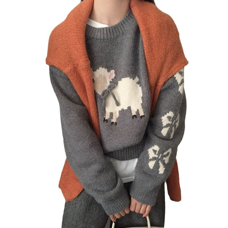 Damen kuscheliger Strickpullover mit aufwendigem Tiermotiv Merchesia