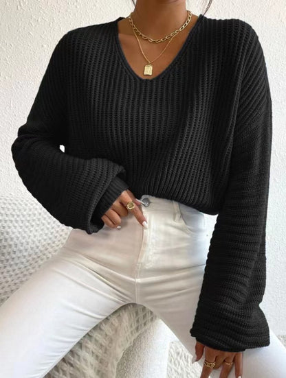 Damen lässiger Sweater mit weitem V-Ausschnitt und langen Ärmeln Merchesia