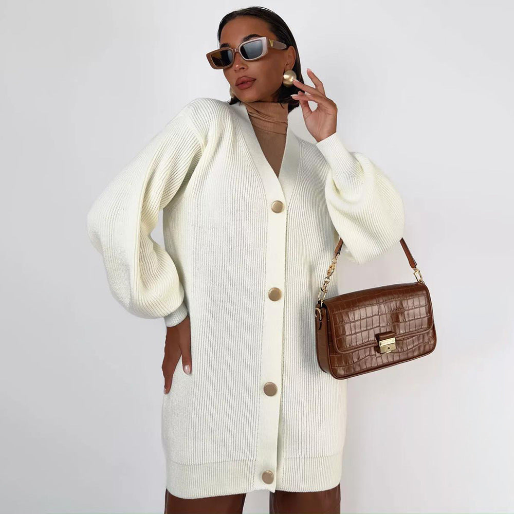 Damen Strickjacke mit Puffärmeln und Knopfdétails Merchesia