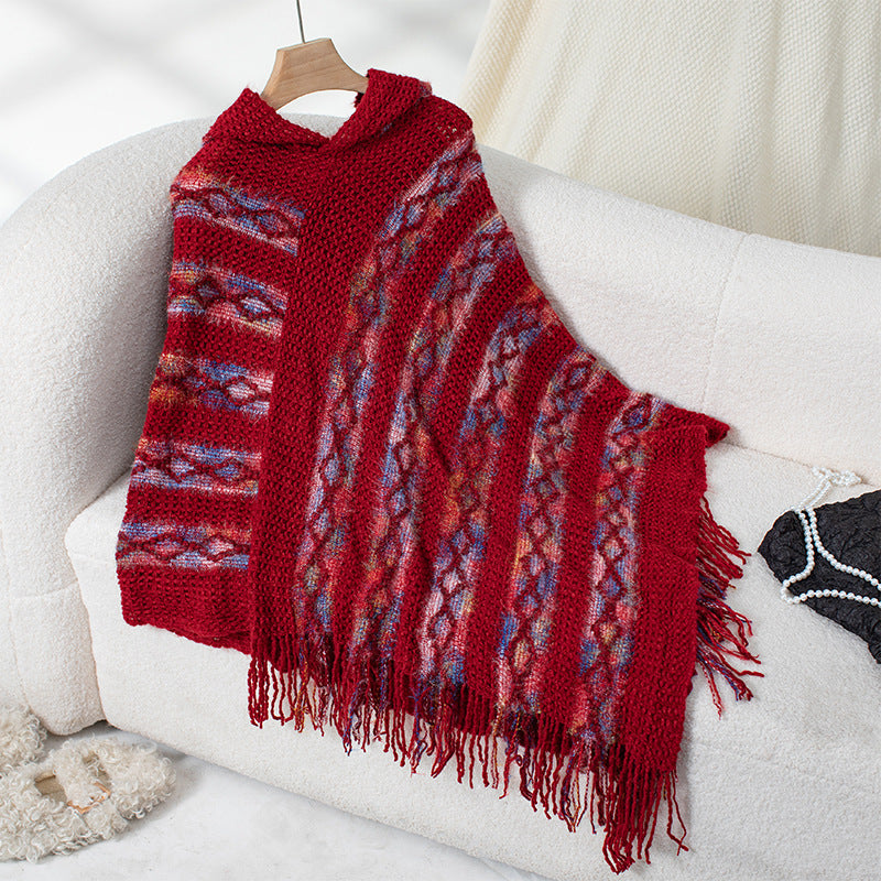 Damen Strickponcho mit Kapuze und fransigem Design Merchesia