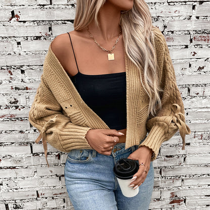 Damen modische Strickjacke mit voluminösen Ärmeln und Zopfmuster Merchesia