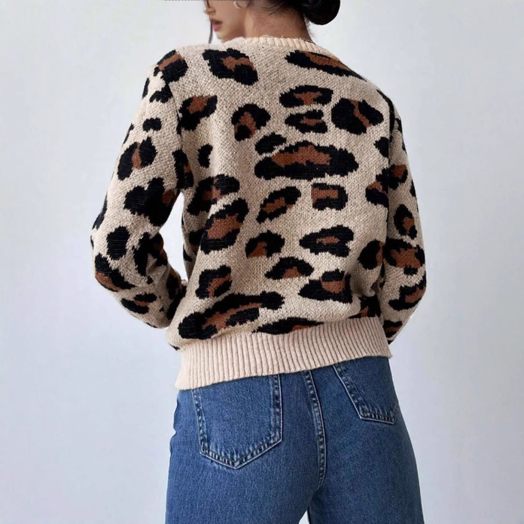 Damen kuscheliger Strickpullover mit Leopardenmuster und überschnittenen Schultern Merchesia