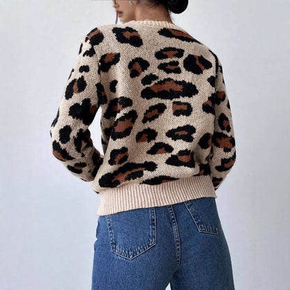 Damen kuscheliger Strickpullover mit Leopardenmuster und überschnittenen Schultern Merchesia