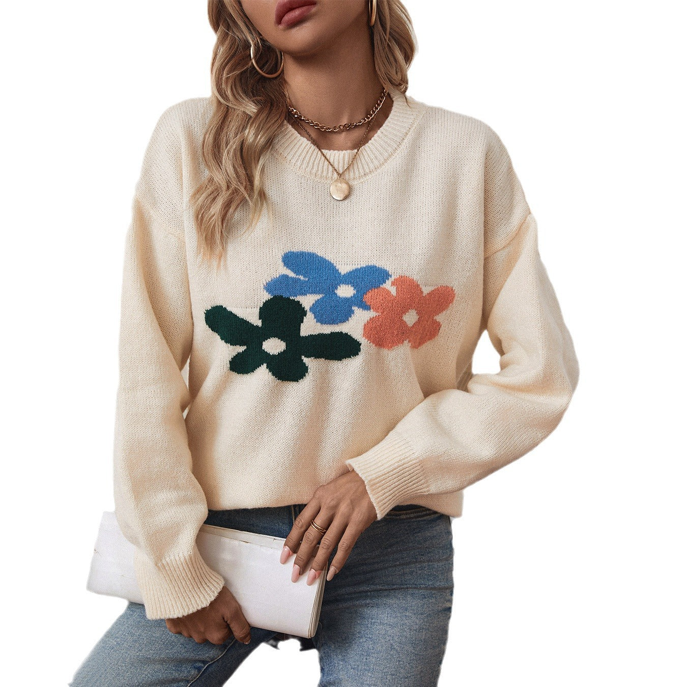Damen lässiger Pullover mit floralen Motiven und Rundkragen Merchesia