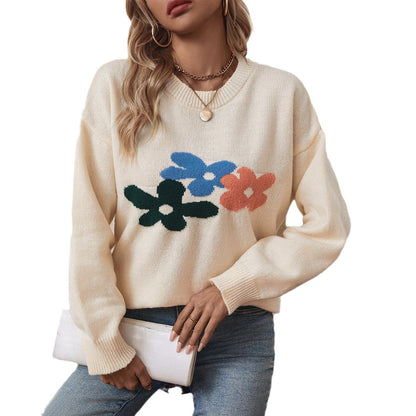 Damen lässiger Pullover mit floralen Motiven und Rundkragen Merchesia