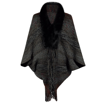 Damen eleganter Poncho mit luxuriösem Kunstfellkragen und fransigem Saum Merchesia