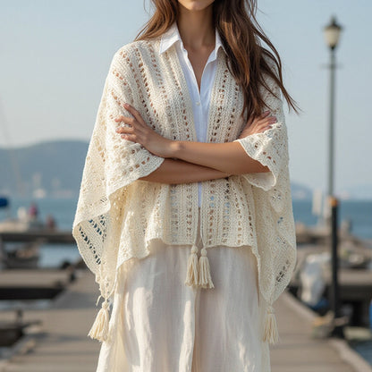 Damen luftiger Strickponcho mit Fransen Merchesia