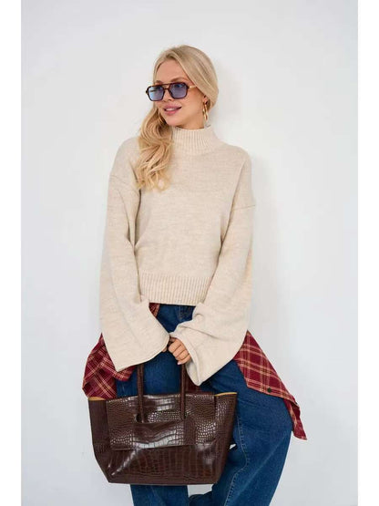 Damen Modischer Pullover mit weitem Schnitt und hohen Bündchen Merchesia