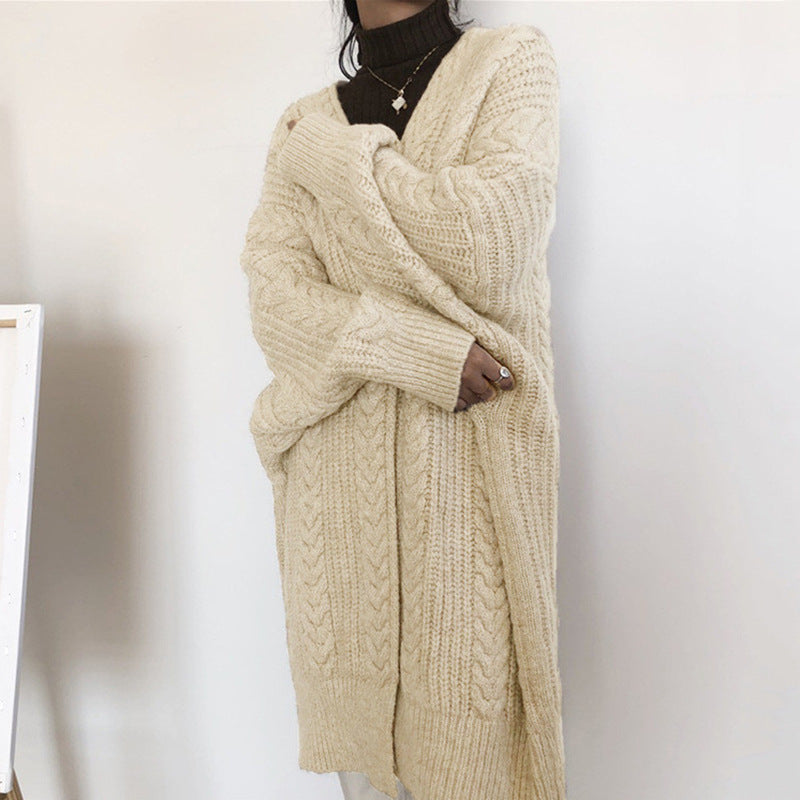 Damen Grobstrick Cardigan mit tiefem V-Ausschnitt und voluminösen Ärmeln Merchesia