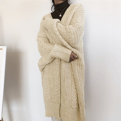 Damen Grobstrick Cardigan mit tiefem V-Ausschnitt und voluminösen Ärmeln Merchesia