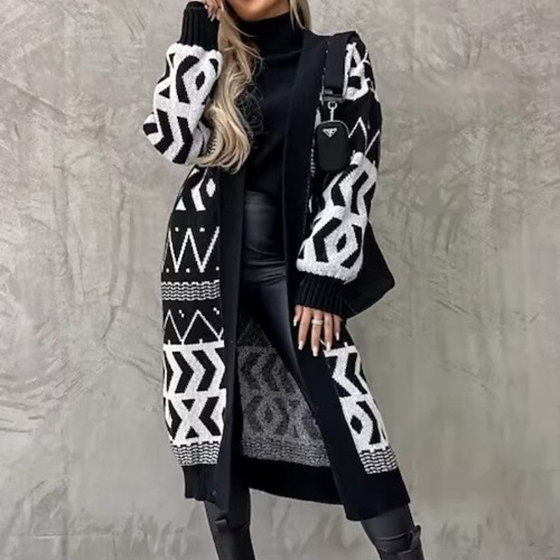 Damen Langer Strickcardigan mit geometrischem Muster und lässigem Schnitt Merchesia