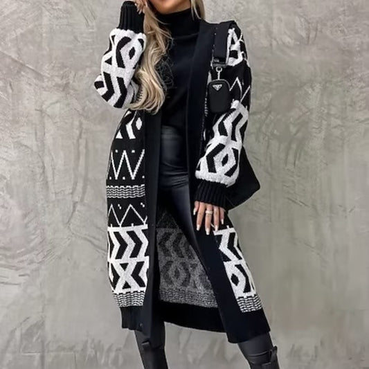 Damen Langer Strickcardigan mit geometrischem Muster und lässigem Schnitt Merchesia