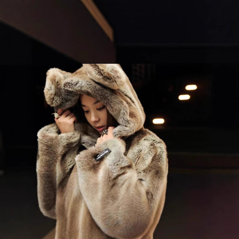 Damen Kuschelige Kunstpelzjacke mit verspieltem Ohren-Design Merchesia