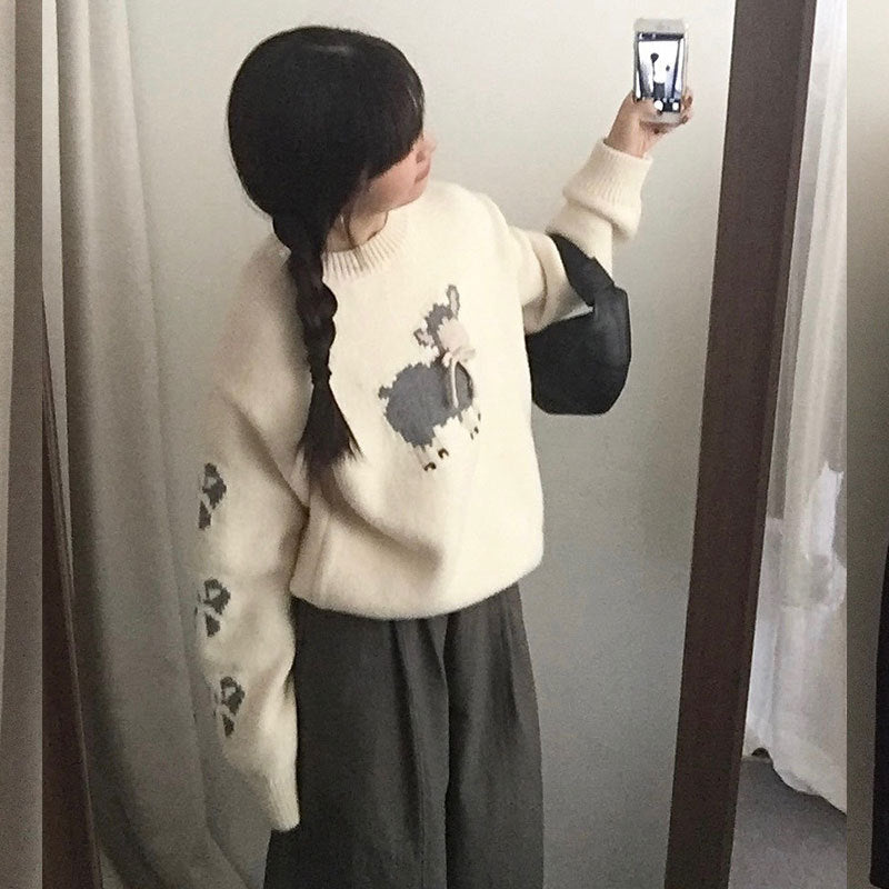 Damen kuscheliger Strickpullover mit aufwendigem Tiermotiv Merchesia