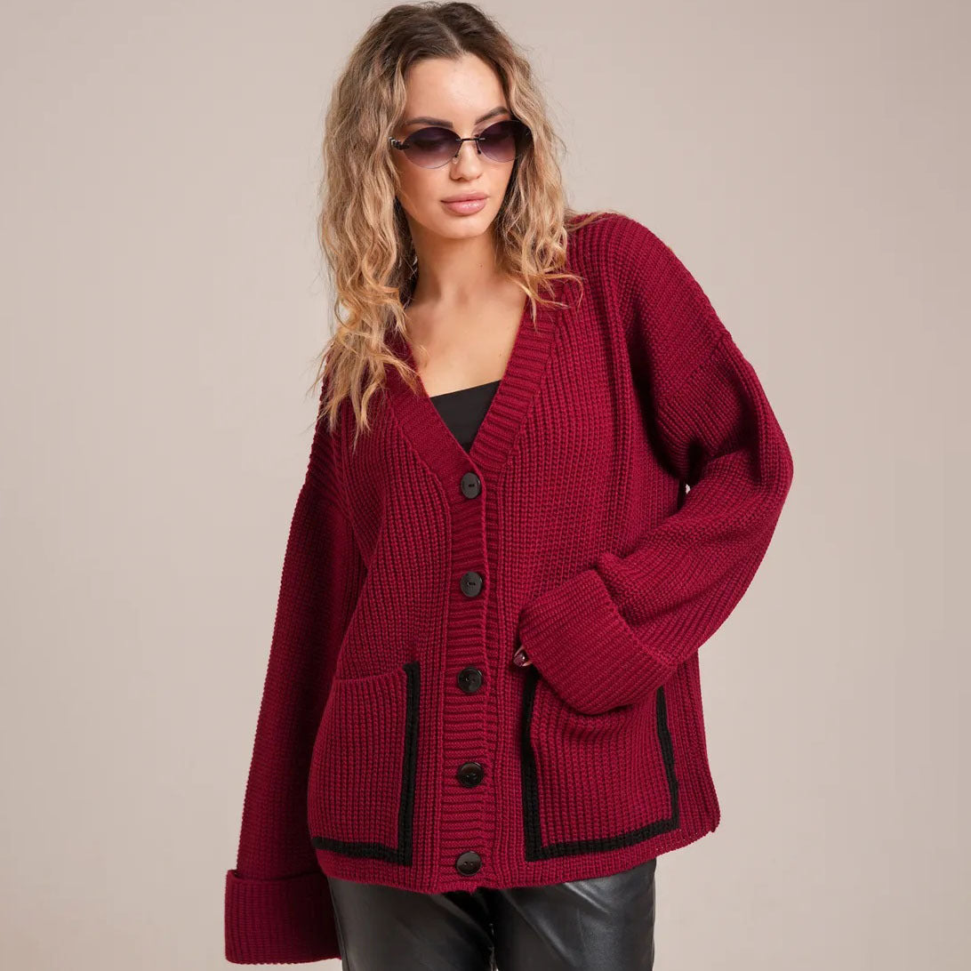 Damen gemütlicher Strickcardigan mit großen Taschen und dekorativen Knopfdetails Merchesia