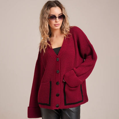 Damen gemütlicher Strickcardigan mit großen Taschen und dekorativen Knopfdetails Merchesia
