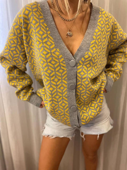 Damen Grober Strickjacke mit V-Ausschnitt und auffälligem Muster Merchesia