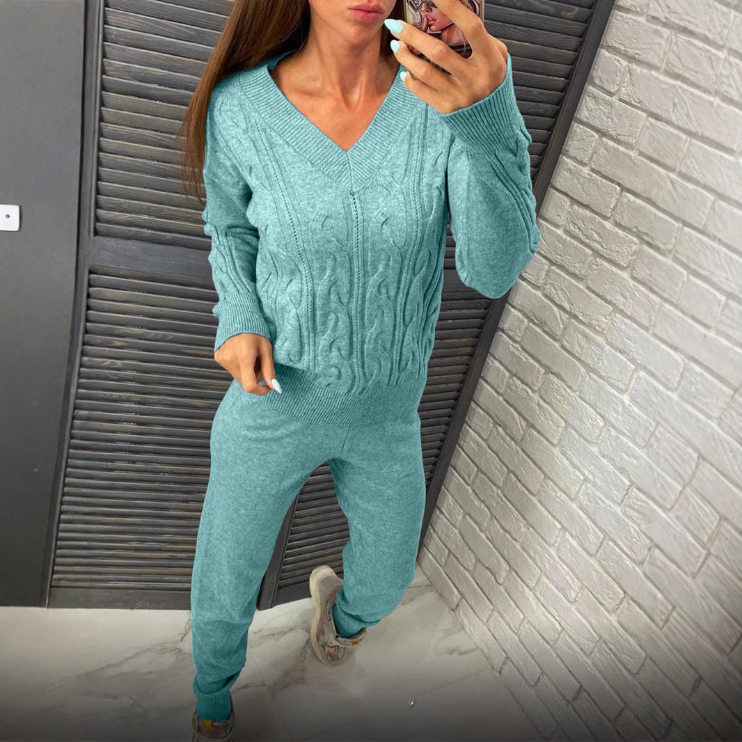 Damen gemütlicher Strickanzug mit V-Ausschnitt und Zopfdesign Merchesia