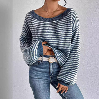 Damen lässiger Strickpullover mit weitem Schnitt und modernen Streifen Merchesia