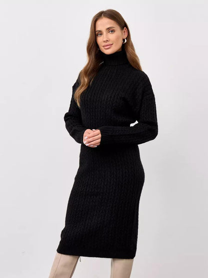 Damen Strickkleid mit hohem Kragen und Zopfmuster Merchesia