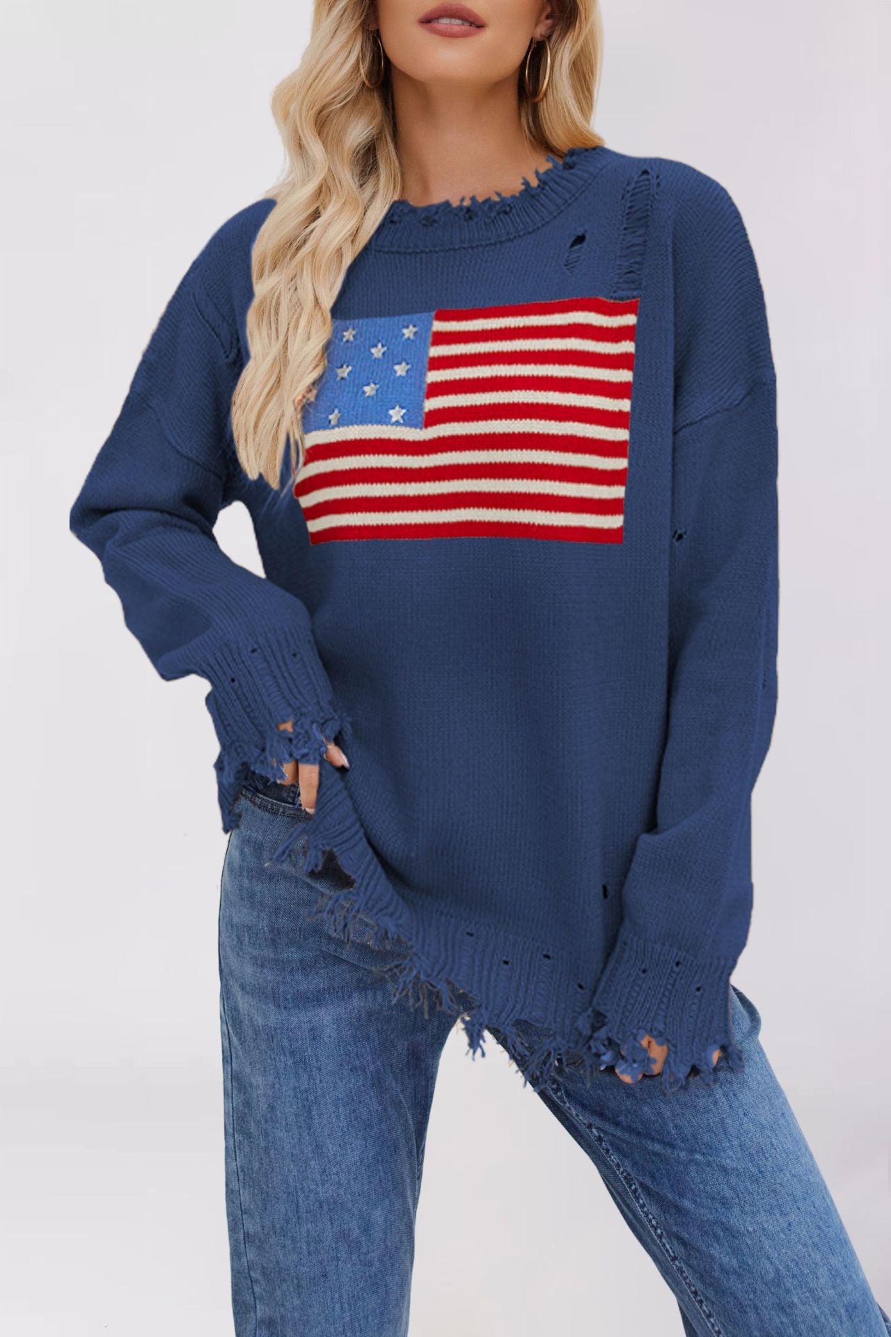Damen lässiger Pullover mit Flaggenmuster und fransigem Saum Merchesia