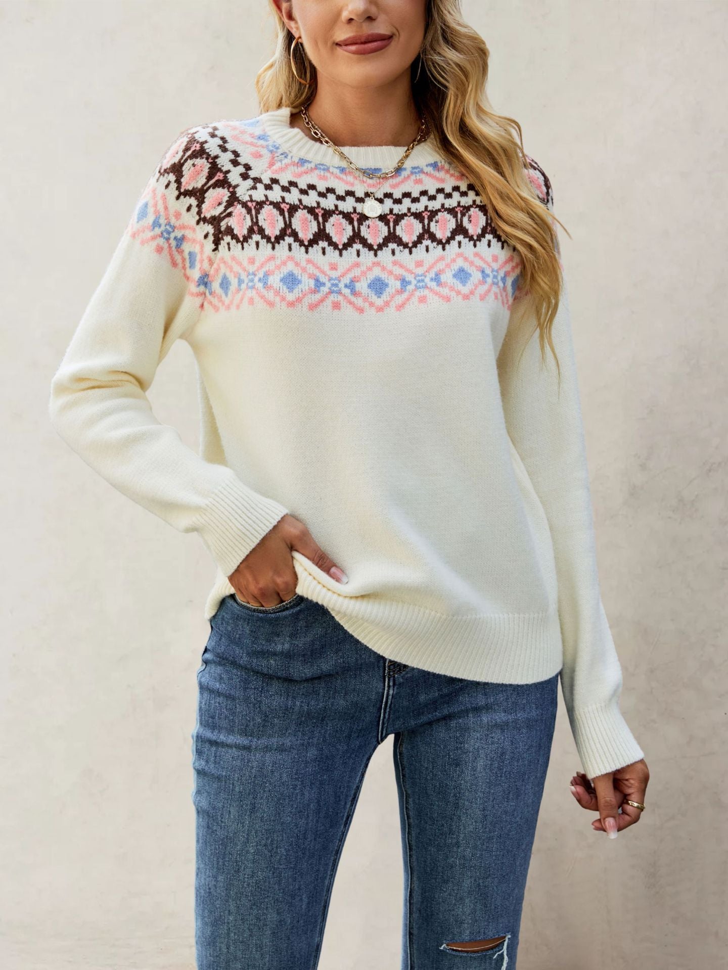 Damen Nordic-Muster Pullover mit Rundhalsausschnitt und lässigem Schnitt Merchesia