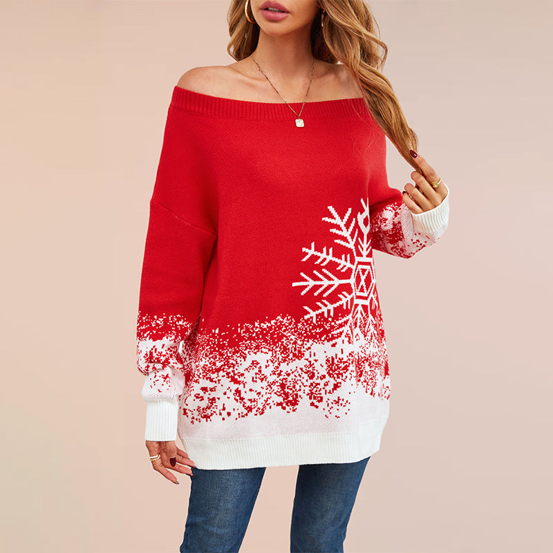 Damen festlicher Weihnachts-Pullover mit elegantem Schneeflocken-Motiv und Off-Shoulder Design Merchesia