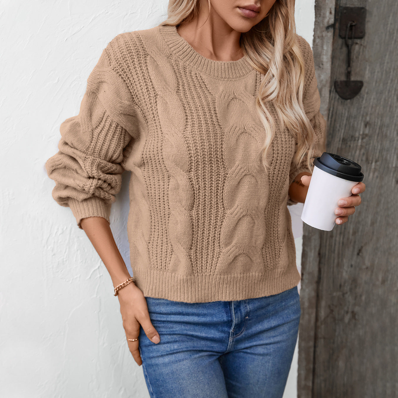 Damen grob gestrickter Pullover mit voluminösen Ärmeln und Zopfmuster Merchesia