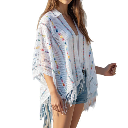 Damen lässiger Poncho mit fransigen Details und bunter Musterung Merchesia