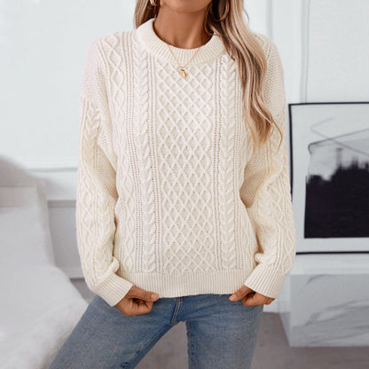Damen Grobstrickpullover mit raffiniertem Zopfmuster und Rundhalsausschnitt Merchesia