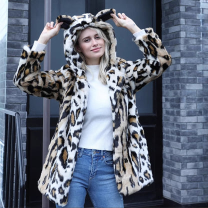 Damen Kuscheliger Pelzmantel mit Kapuze und Katzenohren Merchesia