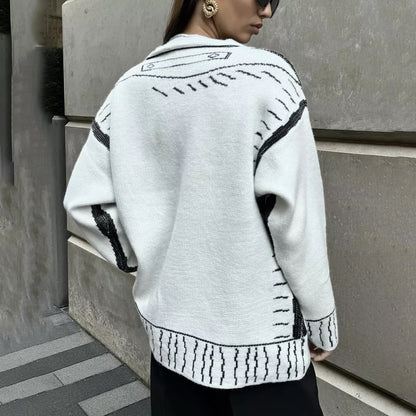 Damen Designer-Strickjacke mit auffälligem geometrischem Muster und großen Knöpfen Merchesia