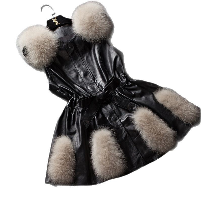 Damen Eleganter Kunstledermantel mit Kunstfellakzenten und Gürtel Merchesia