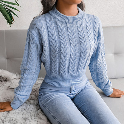 Damen Eleganter Cropped Strickpullover mit Zopfmuster und hochgeschlossenem Design Merchesia