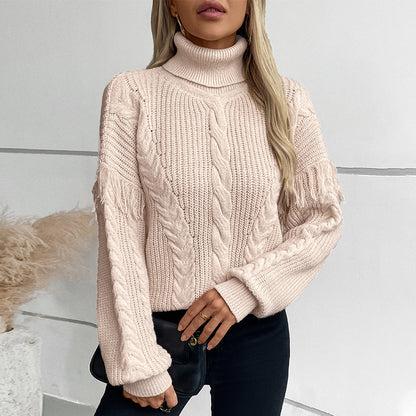 Damen Strickpullover mit hohem Kragen und Zopfmuster Merchesia