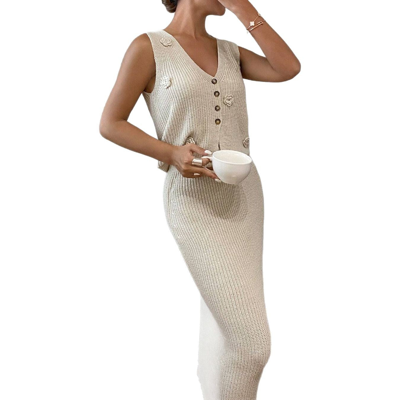 Damen 2-Teiliges Strickset mit modischen Knopfdetails und floralem Design Merchesia