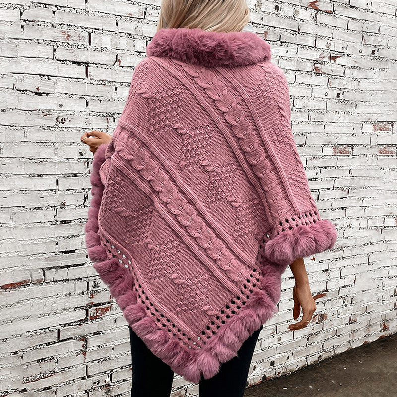 Damen kuscheliger Strickponcho mit samtigem Fellbesatz Merchesia