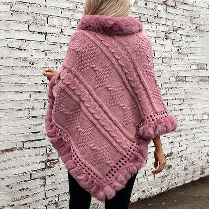 Damen kuscheliger Strickponcho mit samtigem Fellbesatz Merchesia