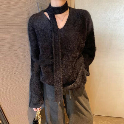 Damen Grobstrickpullover mit tiefem V-Ausschnitt und schicker Banddetails Merchesia