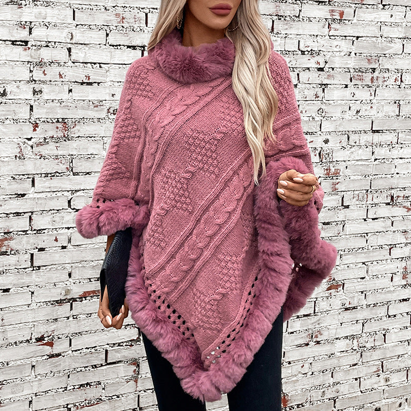 Damen kuscheliger Strickponcho mit samtigem Fellbesatz Merchesia